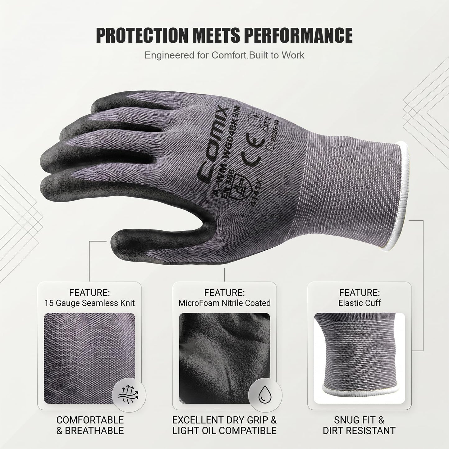 Comix Nitrile Coated Work Gloves, 15G Breathable Micro Foam, 6 Pairs | 15G Microfoam liner for warehouse, assembly, maintenance & automotive. Nitrile coated grip in dry/light-oil conditions