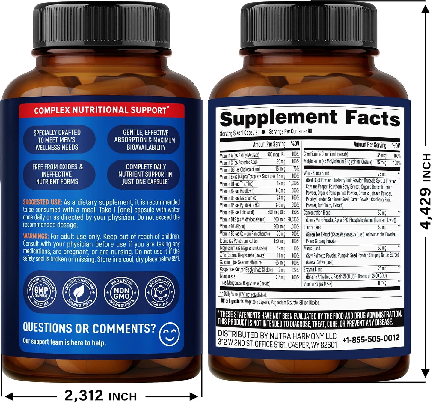 Multivitamin for Men - B-Complex & B12 | Whole Foods & Enzymes - 90 Caps | Mens Multivitamin 46in1 - Energy, Focus & Brain | Men's Health Complex - Bioavailable & Gentle on Stomach - Lab Tested, 1/Day