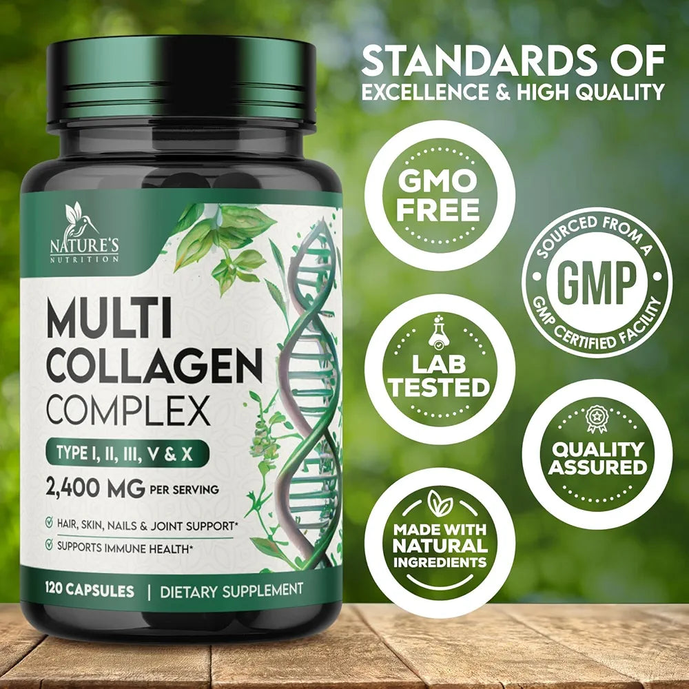Multi Collagen Pills - Hydrolyzed Collagen Peptides Capsules for Women & Men - Types I, II, III, V, X Multi Collagen Complex - Hair, Skin & Nails Support Supplement - Bottled in the USA - 120 Capsules
