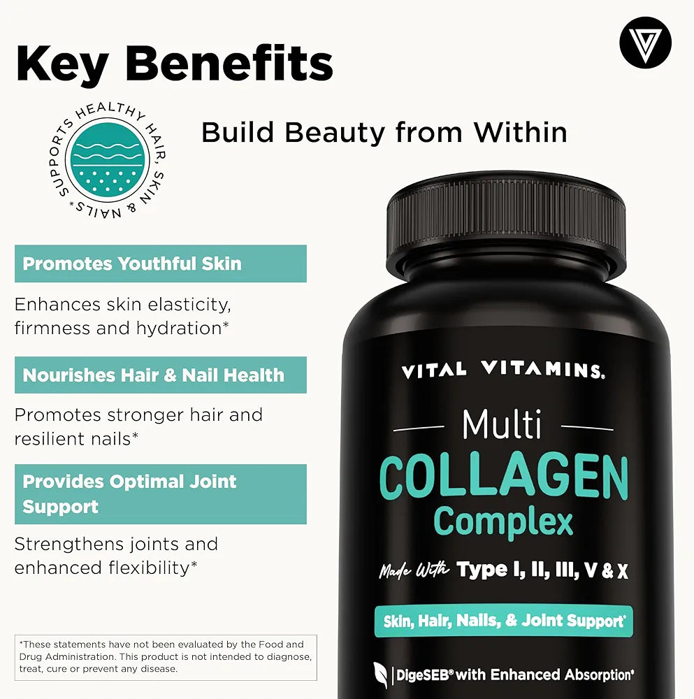 Vital Vitamins Multi Collagen Peptides Capsules for Women & Men - Type I, II, III, V, X Collagen Supplements - Grass-Fed, Non-GMO - 150 Pills