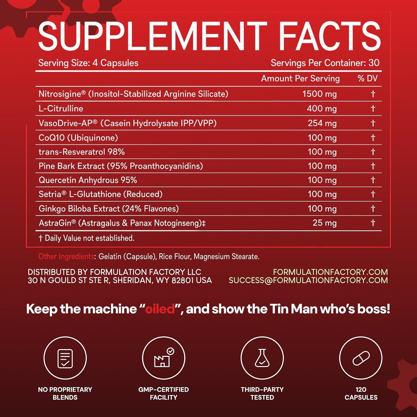 Formulation Factory Heart of Steel Nitric Oxide Supplements for Men & Women, Nitric Oxide Booster for Blood Flow & Circulation with L-Citrulline 1000mg, L-Arginine, CoQ10 & Resveratrol - 120 Capsules