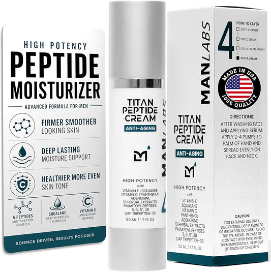 Man Labs Titan Peptide Anti-Aging Face Cream for Men - Firming Moisturizer with 5 Peptides, Vitamin C, E & Squalane - Unscented