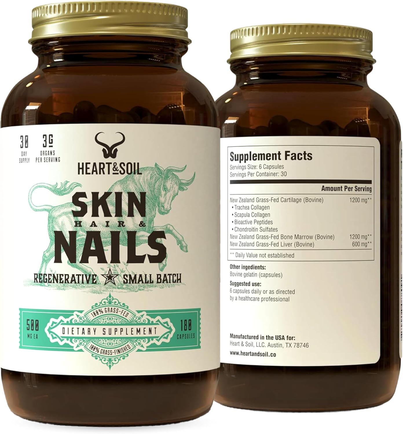 HEART & SOIL Joint Support Supplement, 180 Capsules | 100% grass fed & finished from regenerative cattle with trachea, scapula & bone marrow. Supports joint strength & mobility.