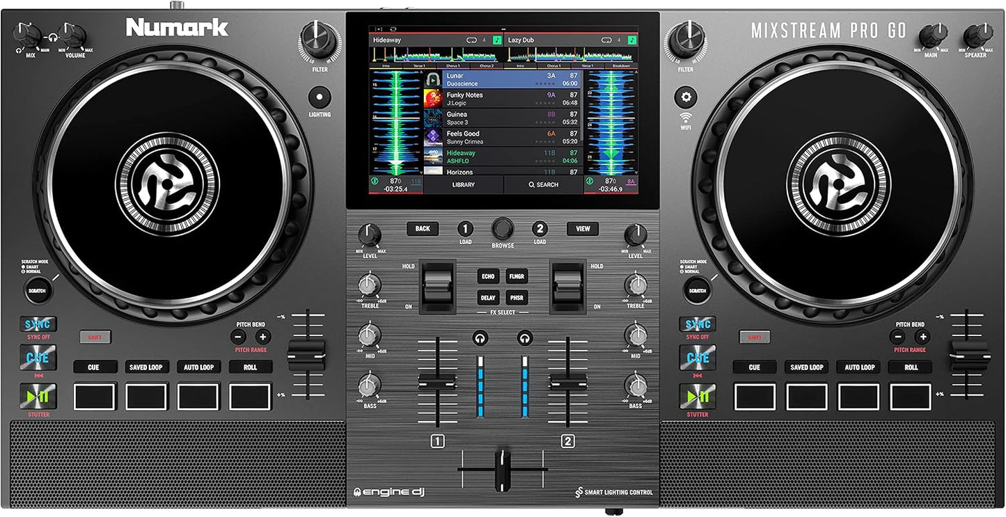 Numark Mixstream Pro Go Portable DJ Controller | Battery-Powered Standalone DJ Mixer with Stem Separation, Wi-Fi Streaming, Built-In Speakers, and 7" Touchscreen