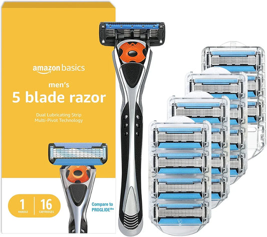 Amazon Basics 5-Blade MotionSphere Men's Razor with Dual Lubrication, Vitamin E, Precision Trimmer, 1 Handle & 16 Cartridges, Black
