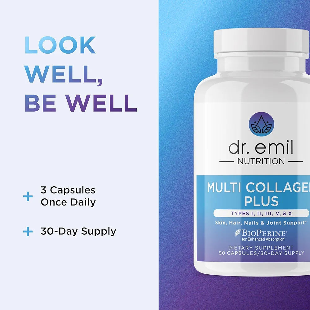 Dr. Emil Nutrition Multi Collagen - Hydrolyzed Collagen Supplement - Types I, II, III, V & X - Hair, Skin, Nails & Joint Support - Non-GMO & Gluten-Free - 90 Capsules