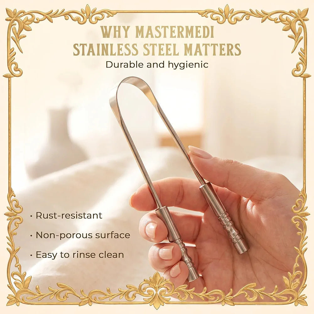 MasterMedi Tongue Scraper for Adults with Multicolor Travel Cases , 100% Stainless Steel, Reduce Bad Breath, Tongue Scrubber, Easy to Use, Tongue Cleaner for Oral Care & Hygiene
