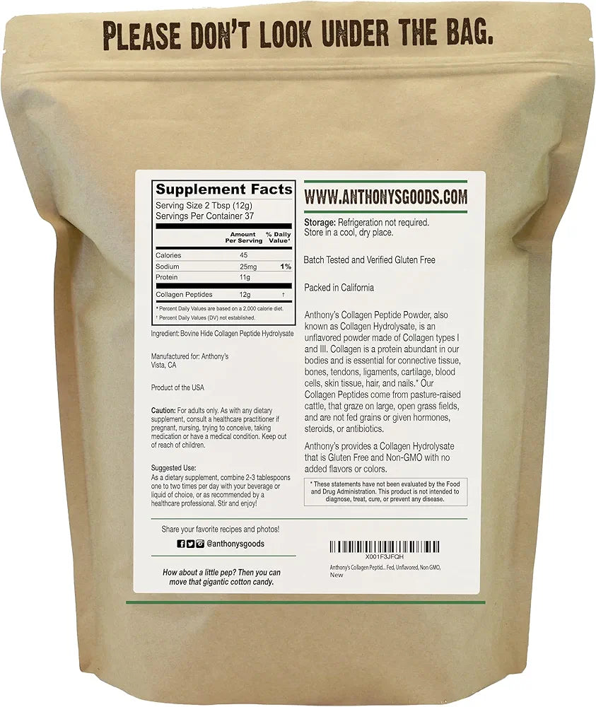 Anthony's Collagen Peptide Powder, 1 lb, Pure Hydrolyzed, Gluten Free, Keto and Paleo Friendly, Grass Fed, Unflavored, Non GMO