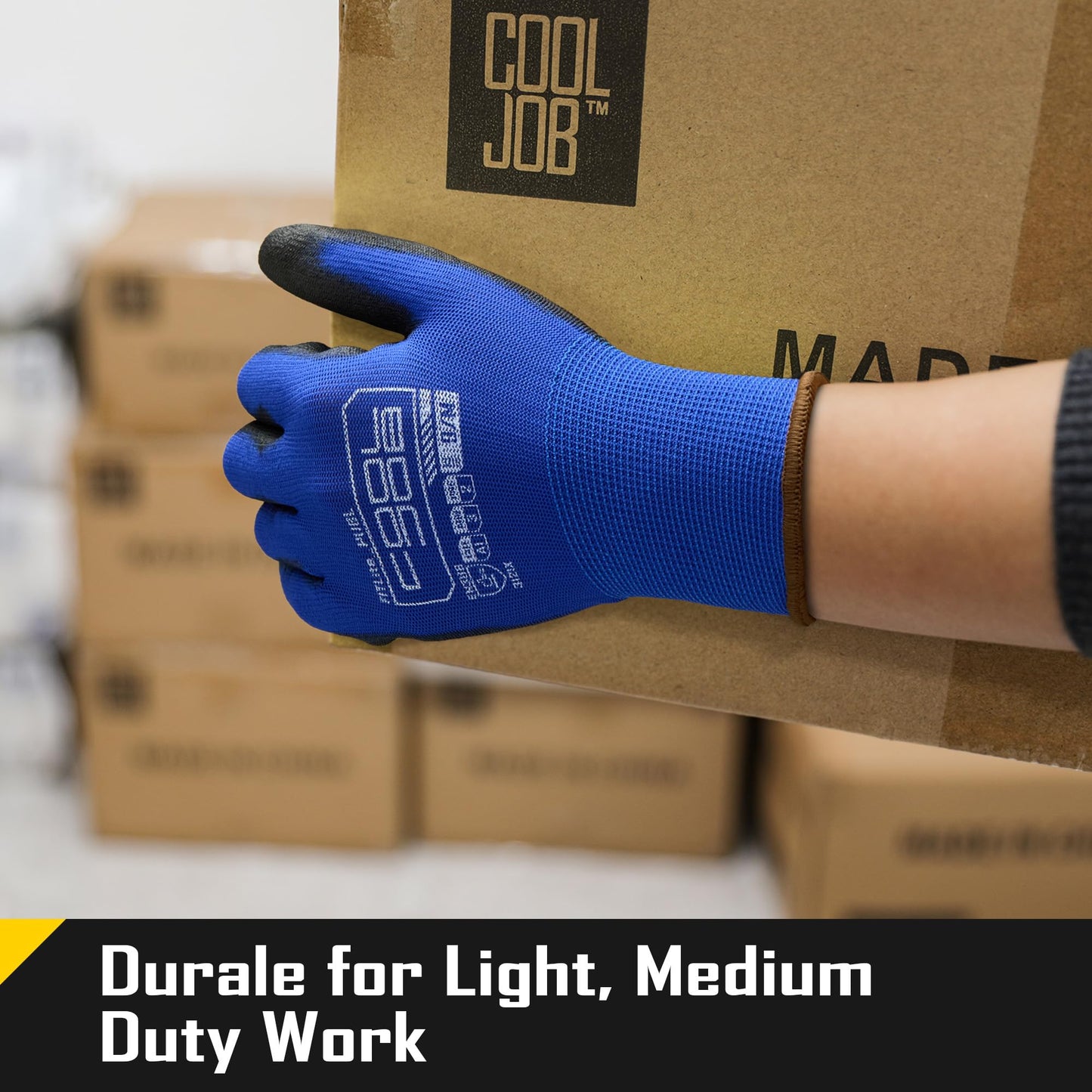 COOLJOB 12/60 Pairs Safety Work Gloves Pack Bulk with Grip PU Coating | Breathable Lightweight Gloves with Polyurethane Dipped for Men Women, 13 Gauge Seamless Knit Thin Gloves, Blue Large