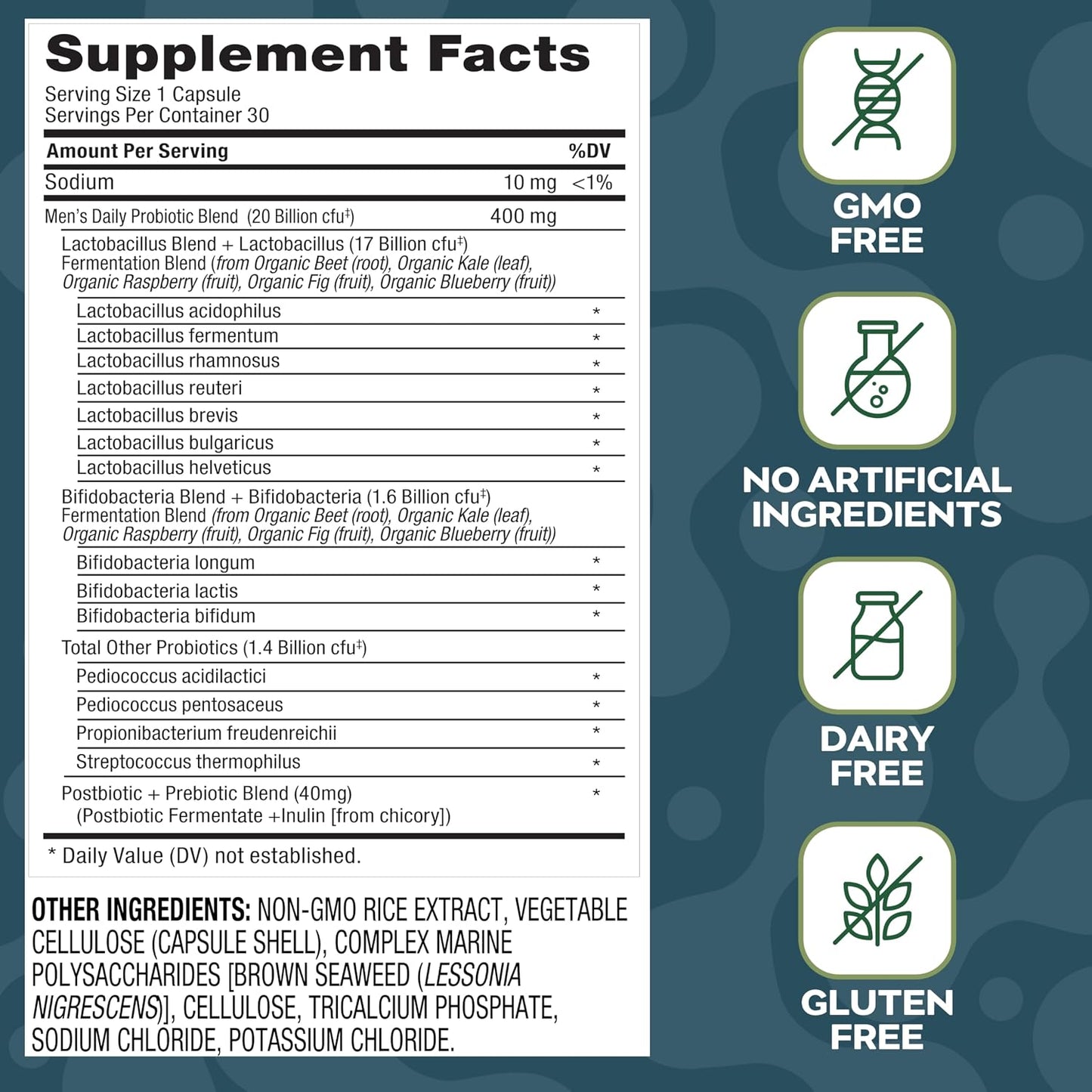 Men’s Probiotic | 20 Billion CFU | Prebiotic + Postbiotic Blend | Gut, Colon & Immune Support | Vegan | Shelf-Stable | 30 Capsules