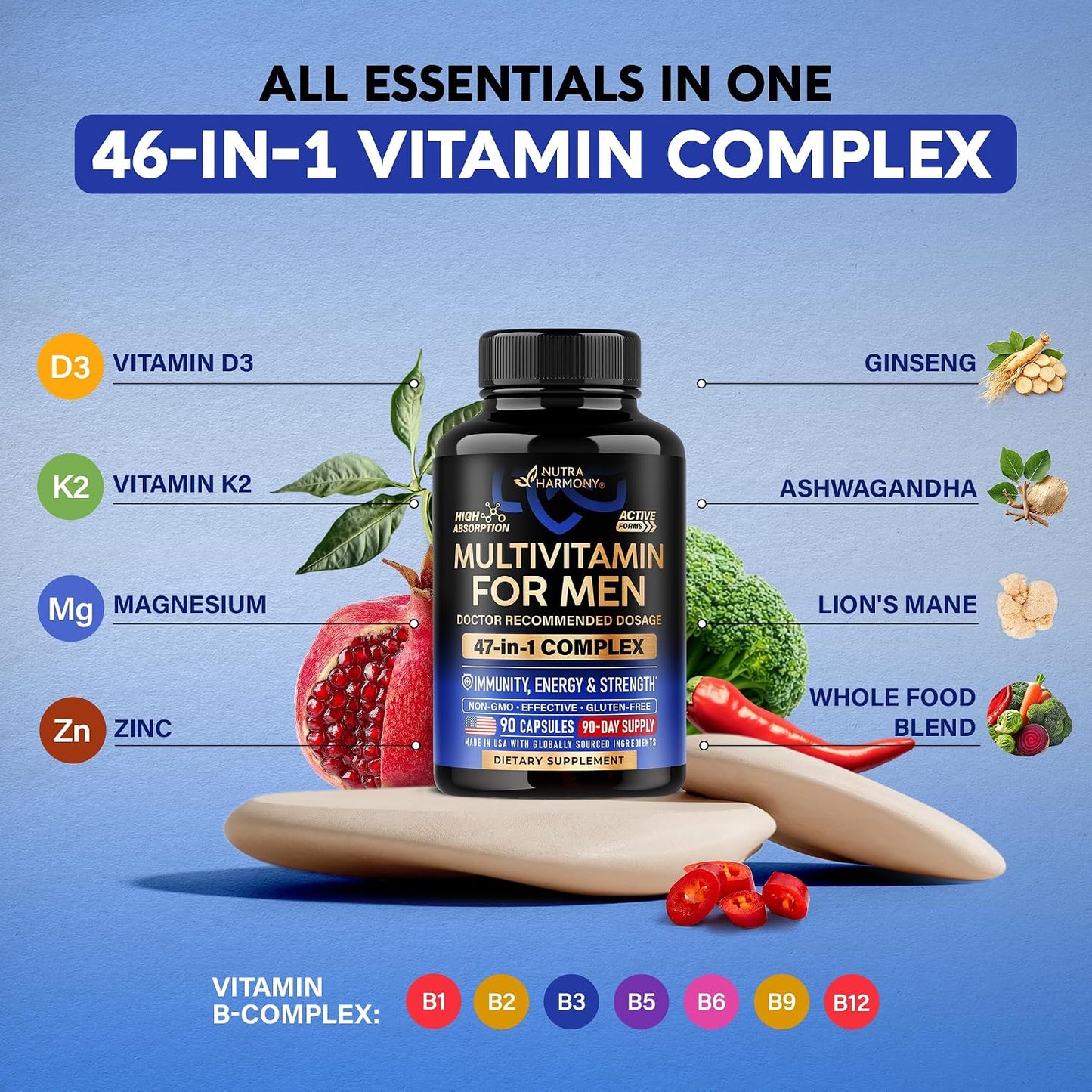 Multivitamin for Men - B-Complex & B12 | Whole Foods & Enzymes - 90 Caps | Mens Multivitamin 46in1 - Energy, Focus & Brain | Men's Health Complex - Bioavailable & Gentle on Stomach - Lab Tested, 1/Day