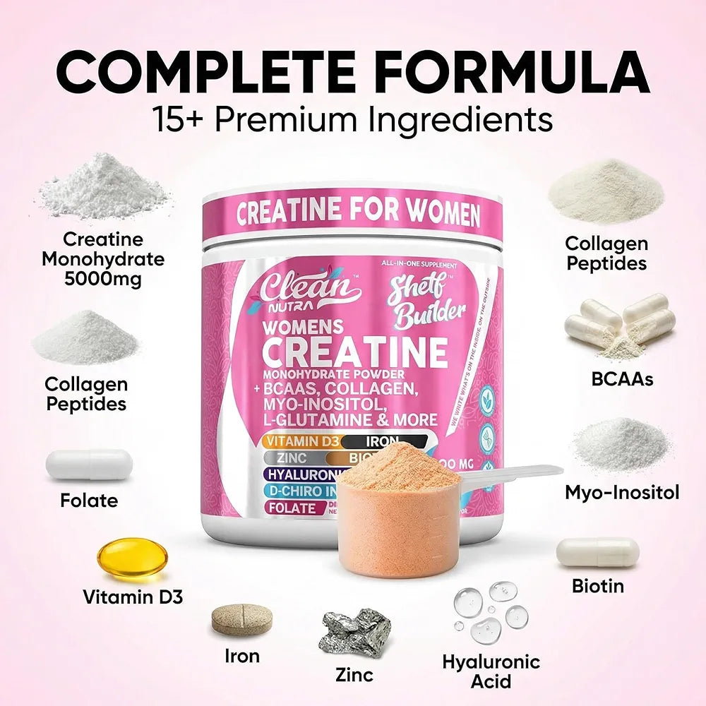 Creatine for Women | Creatine Monohydrate + BCAA Powder Myo-Inositol Collagen Biotin Hyaluronic Acid Folate L Glutamine Vitamin D3 Iron Zinc D-Chiro-Maca Digestion Shelf Builder By Clean Nutra