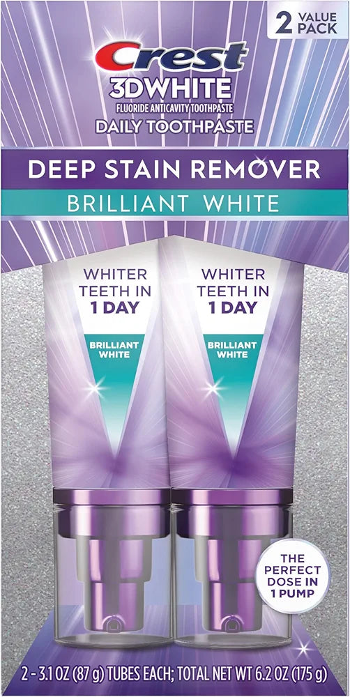 Crest 3D White Deep Stain Remover Toothpaste, Teeth whitening for Adults, 3.1oz, 2 Pack, Sensitivity Safe, Enamel Repair, Cavity Protection, Fluoride Toothpaste, Travel Size Toiletries