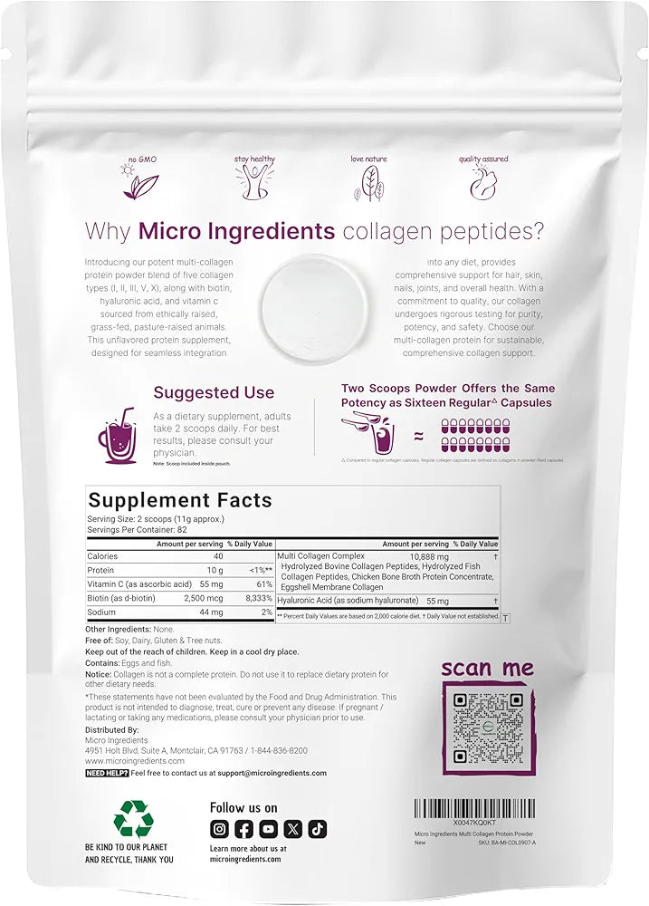 Micro Ingredients Multi Collagen Peptides Powder, 2lb – Hydrolyzed Type I,II,III,V,X with Biotin, Hyaluronic Acid, Vitamin C – Unflavored Collagen for Women & Men, Easy Dissolve, 82 Servings