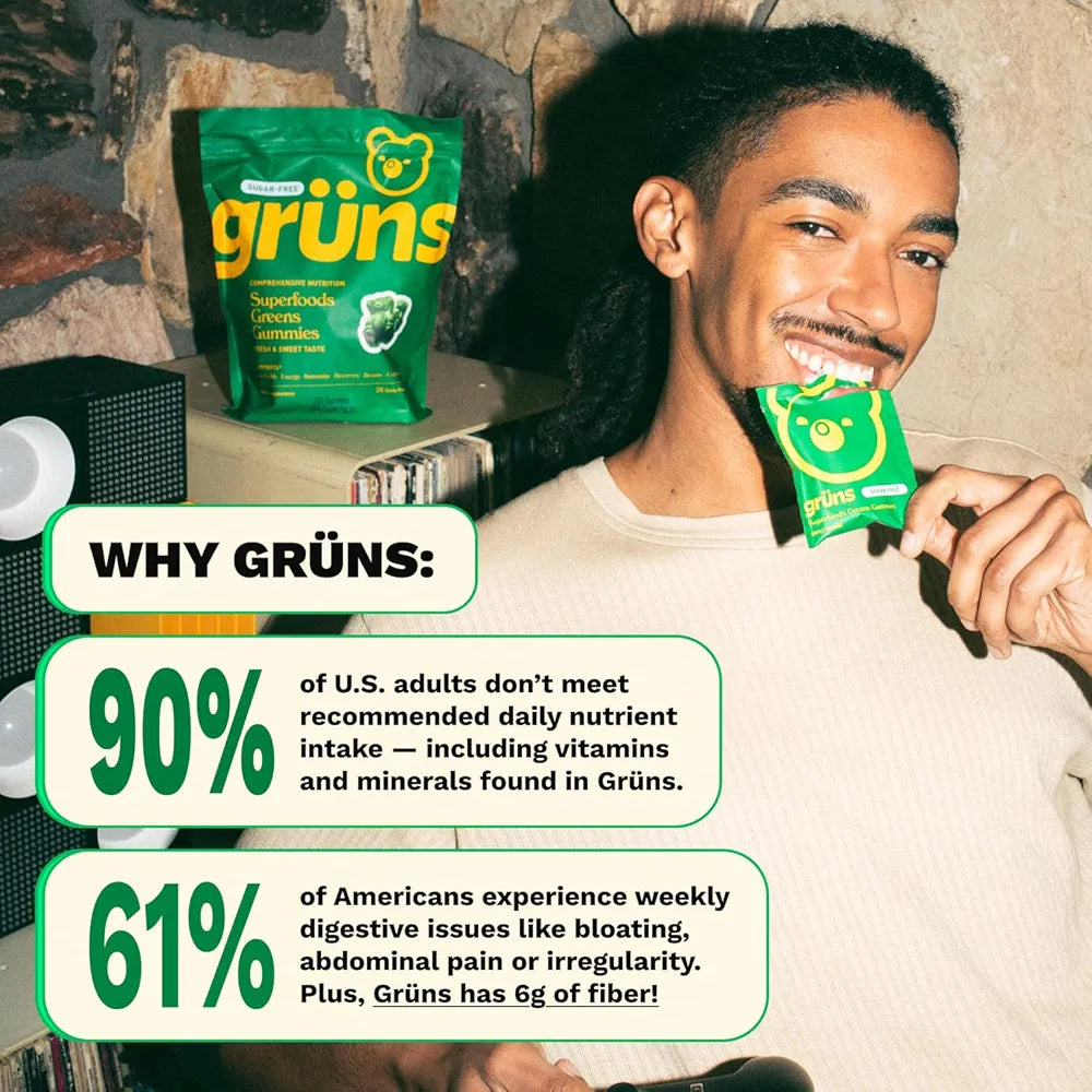 Gruns Adults Super Greens Gummies, Multivitamin Superfood Gummy Bears, Spirulina, Chlorella, Prebiotics & Fiber Gummies for Digestive Health, Adaptogens Supplement, 20 Vitamins & Minerals, 10 Count