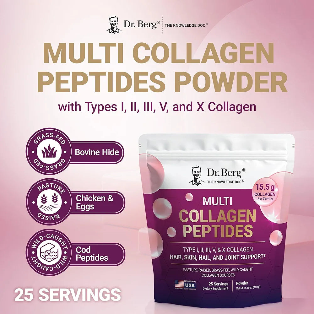 Dr. Berg Multi Collagen Peptides Powder Types I, II, III, V, X - Unflavored Collagen Powder w/ 14 g of Protein - Grass-Fed, Pasture-Raised & Wild-Caught Collagen Sources - 25 Servings