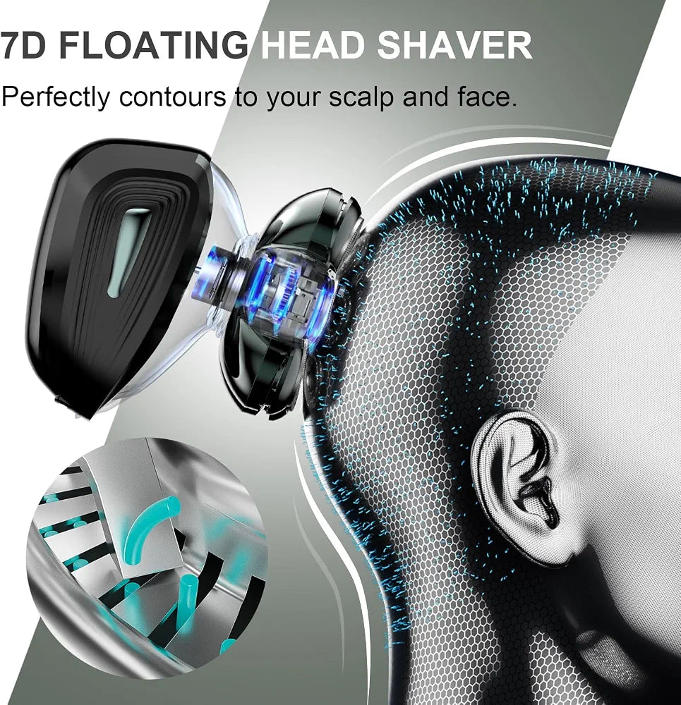 5D Floating Electric Head Shaver for Bald Men with Magnetic Removable Head, IPX7 Waterproof, LED Display, and Type-C Fast Charging