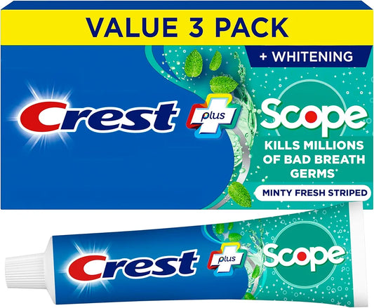 Crest + Scope Whitening Toothpaste - Pack of 3, 5.4 Oz Tubes - Anticavity Fluoride Toothpaste, Fresh Breath, Kills Germs - Tartar Protection, Enamel Protection - Minty Fresh Flavor