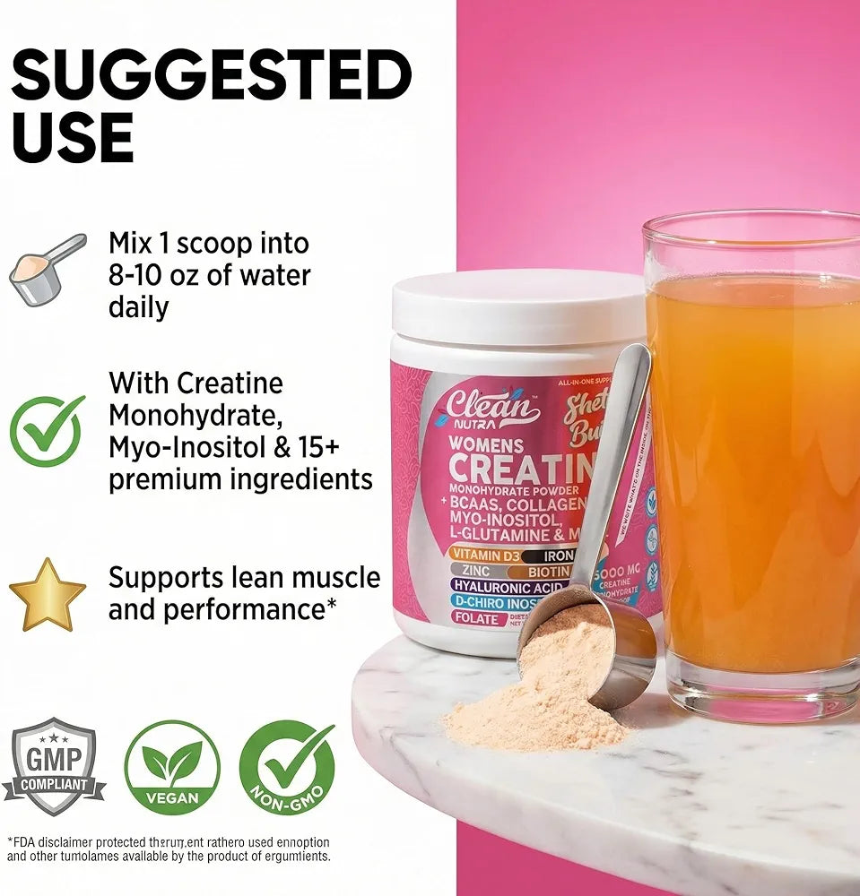 Creatine for Women | Creatine Monohydrate + BCAA Powder Myo-Inositol Collagen Biotin Hyaluronic Acid Folate L Glutamine Vitamin D3 Iron Zinc D-Chiro-Maca Digestion Shelf Builder By Clean Nutra