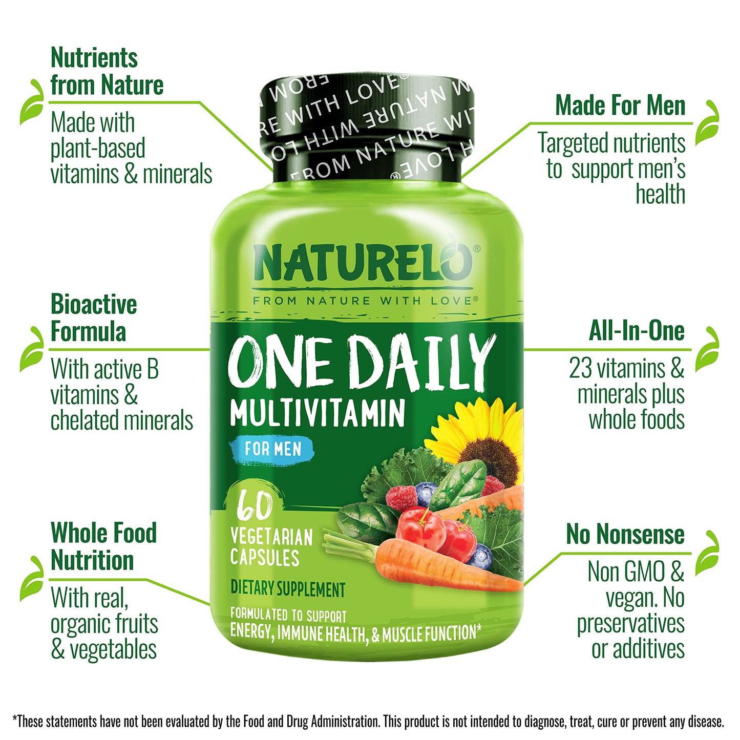 NATURELO Mens Multivitamins - One Daily Multivitamin for Men with Vitamins, Minerals & Organic Whole Foods, Boost Energy & Health, Non-GMO, 120 Vegetarian Capsules