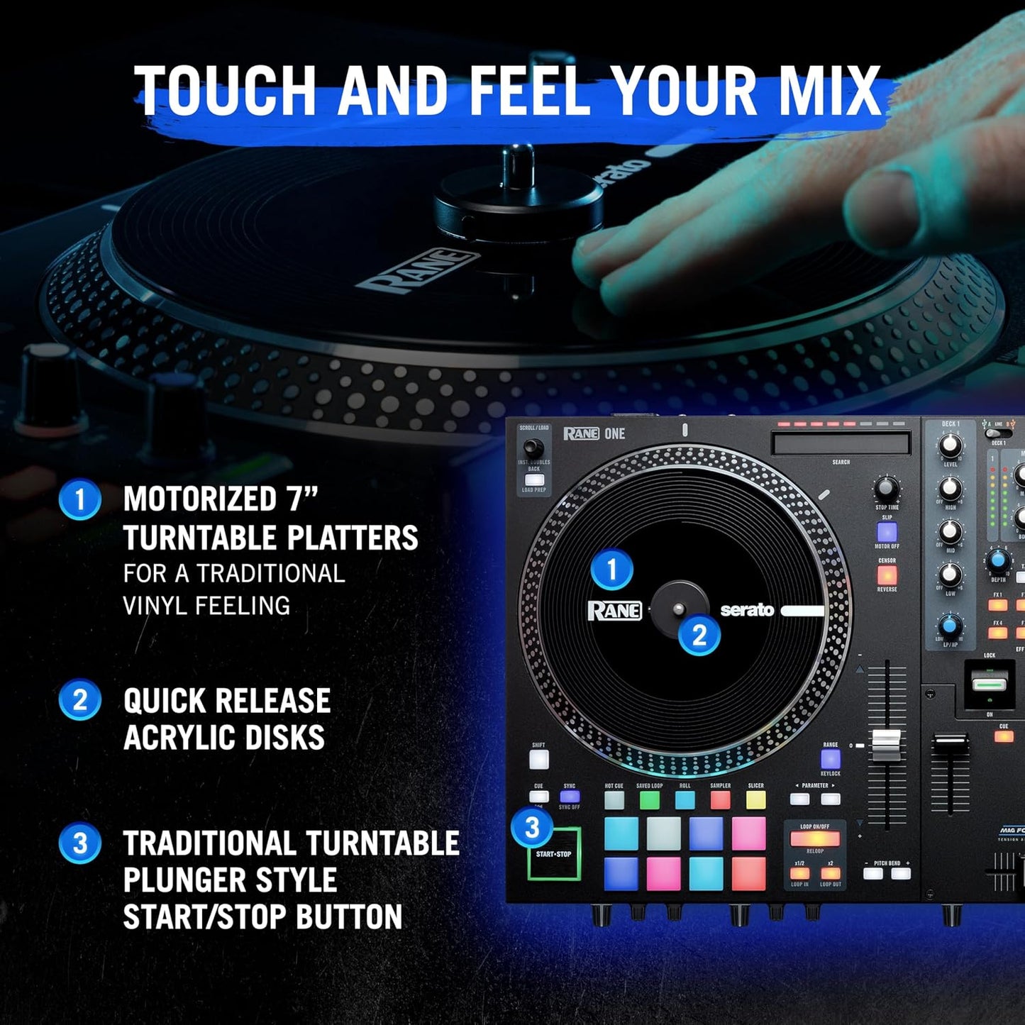 RANE SYSTEM ONE All-in-One Standalone Motorized DJ Controller with Engine DJ OS, Seamless Mixing on 2 Decks, Stems FX, Serato DJ Pro, XLR Outputs