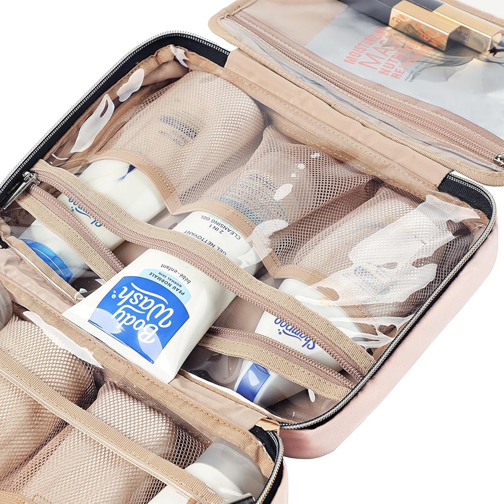 NISHEL Women's Portable Hanging Toiletry Bag - Medium Pink Travel Organizer for Makeup, Skincare, and Toiletries