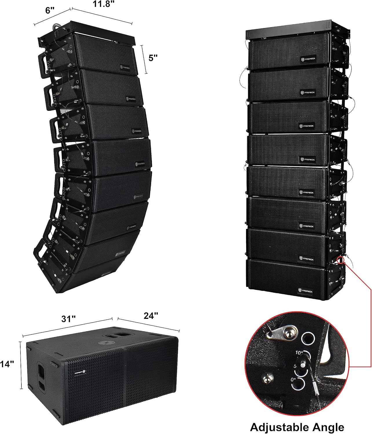 PRORECK Venue Set 10000W P.M.P.O Stereo/Mono DJ Powered PA Speaker System Combo Set Dual 4’’ Line Array Speaker, Dual 12 inch Active Subwoofer with Bluetooth Control, DSP Suitable for Concert, Venue