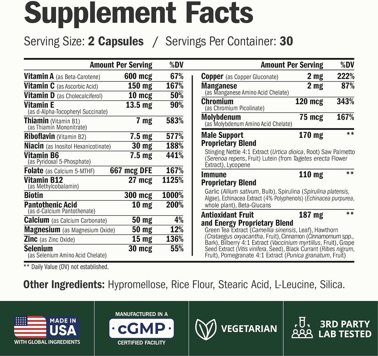 Vimerson Health Multivitamin for Men: Methylated B Vitamins, Chelated Minerals and Bioavailable D3 for Focus and Energy Support – Daily Mens Multivitamins and Multiminerals – 60 Capsules