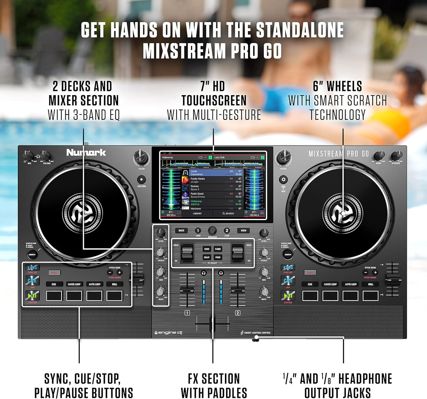 Numark Mixstream Pro Go Portable DJ Controller | Battery-Powered Standalone DJ Mixer with Stem Separation, Wi-Fi Streaming, Built-In Speakers, and 7" Touchscreen