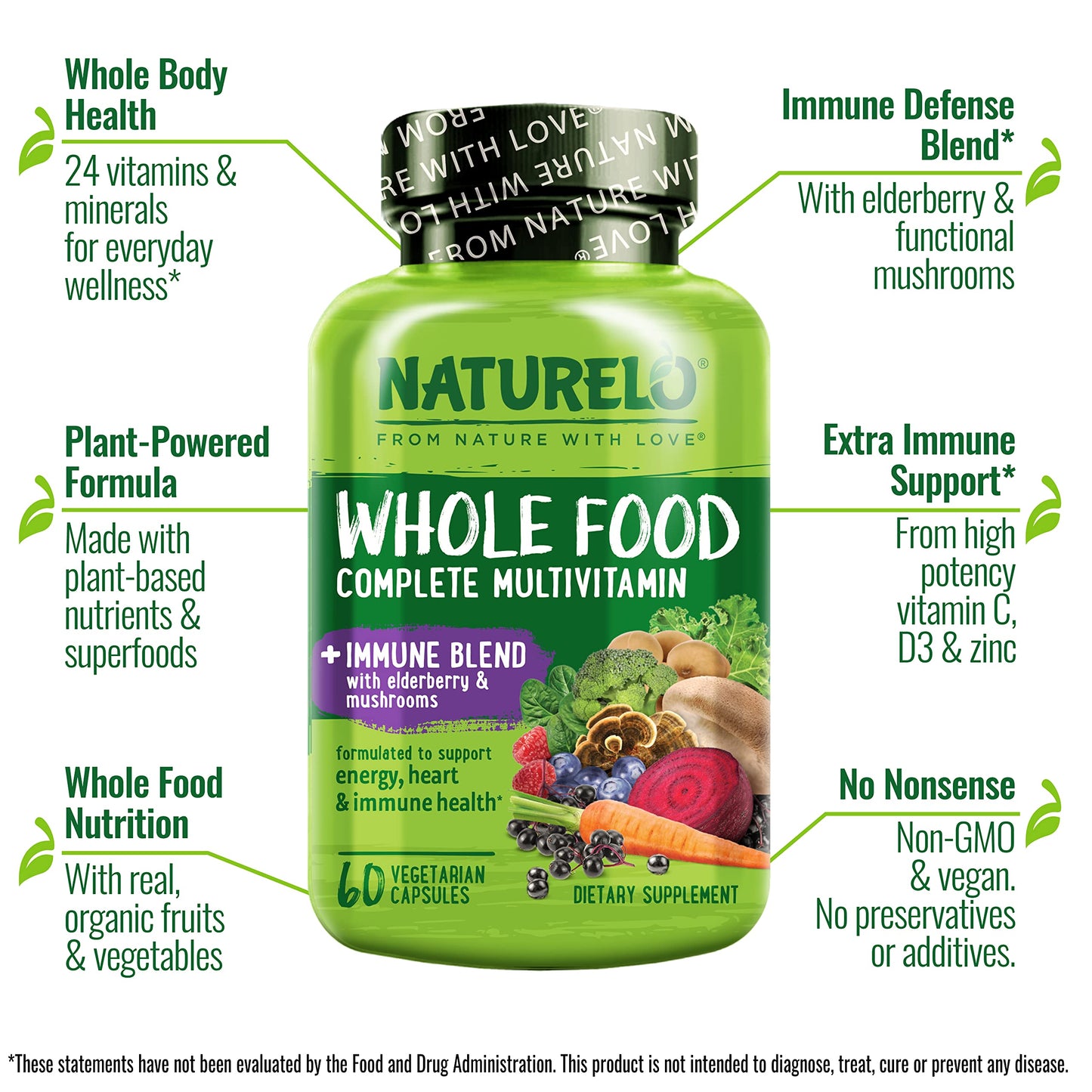 NATURELO Whole Food Multivitamin + Immune Blend with Elderberry & Mushrooms - Complete Multivitamin with Extra Immune Support - C, D3, Zinc, Elderberry, Reishi, Shitake - 60 Vegan Capsules