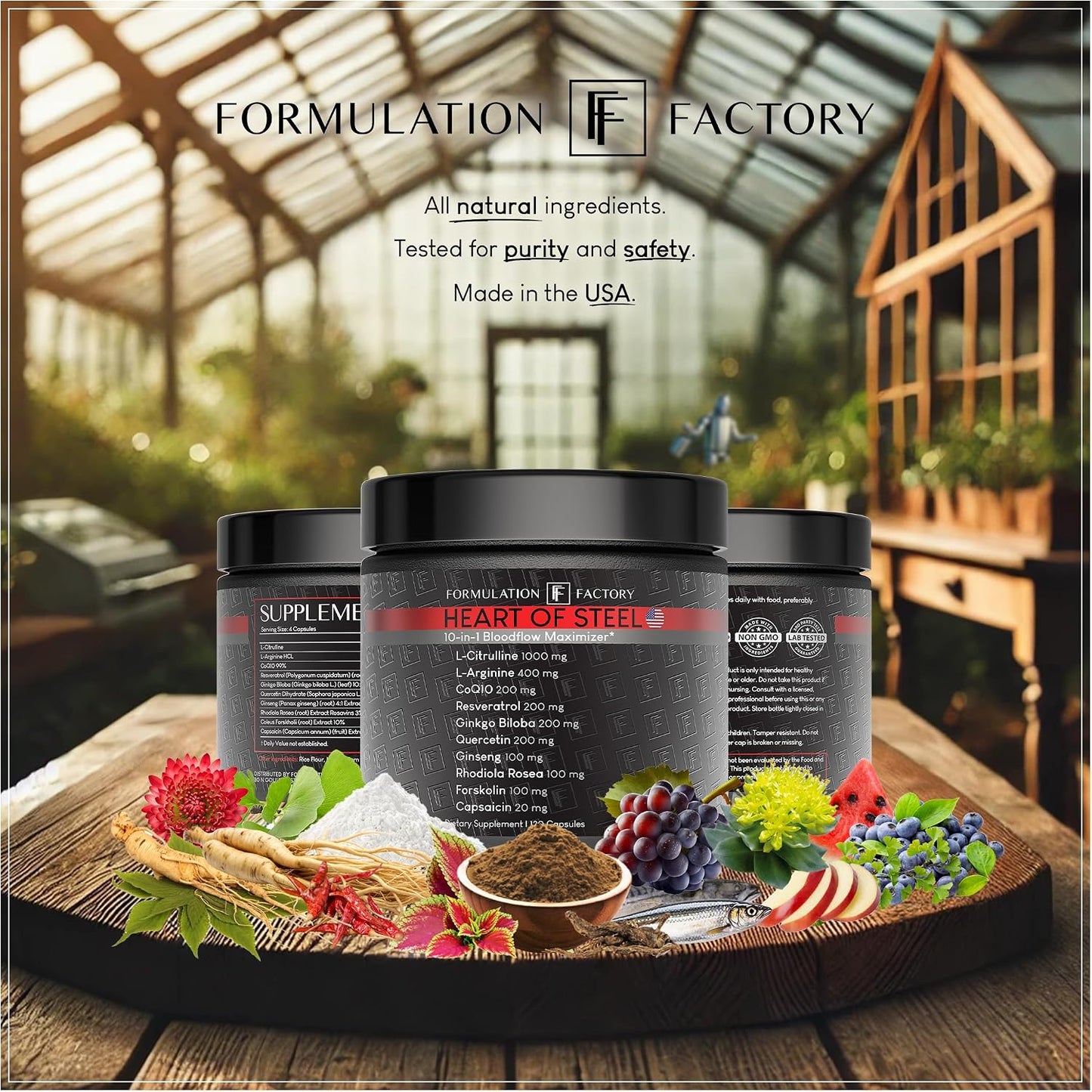 Formulation Factory Heart of Steel Nitric Oxide Supplements for Men & Women, Nitric Oxide Booster for Blood Flow & Circulation with L-Citrulline 1000mg, L-Arginine, CoQ10 & Resveratrol - 120 Capsules