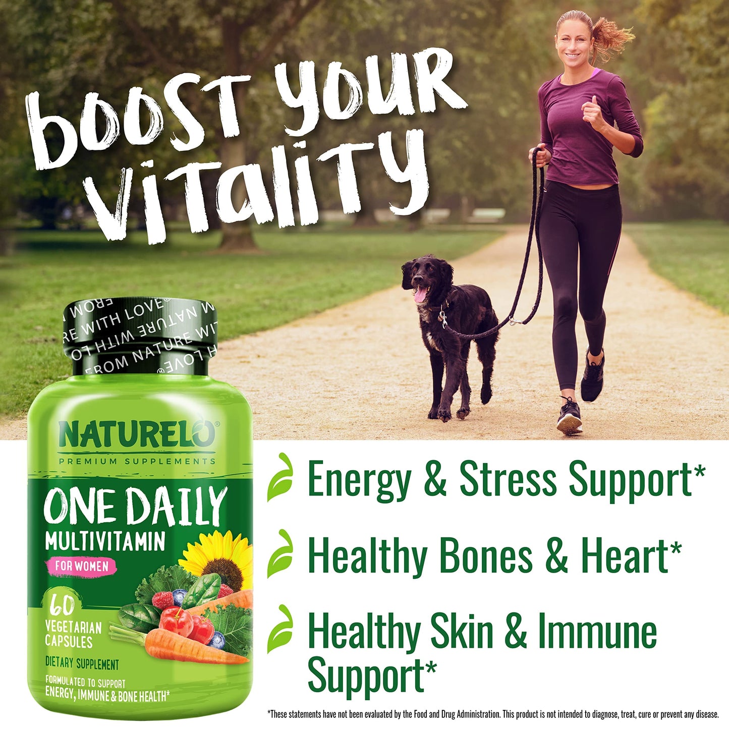 NATURELO One Daily Multivitamin for Women w/Vitamin B12, 120 Ct, Energy Support, Whole Food Daily Women Multivitamin Supplement, Nourish Hair/Skin/Nail, Non-GMO, No Soy, Gluten Free, 4 Month Supply