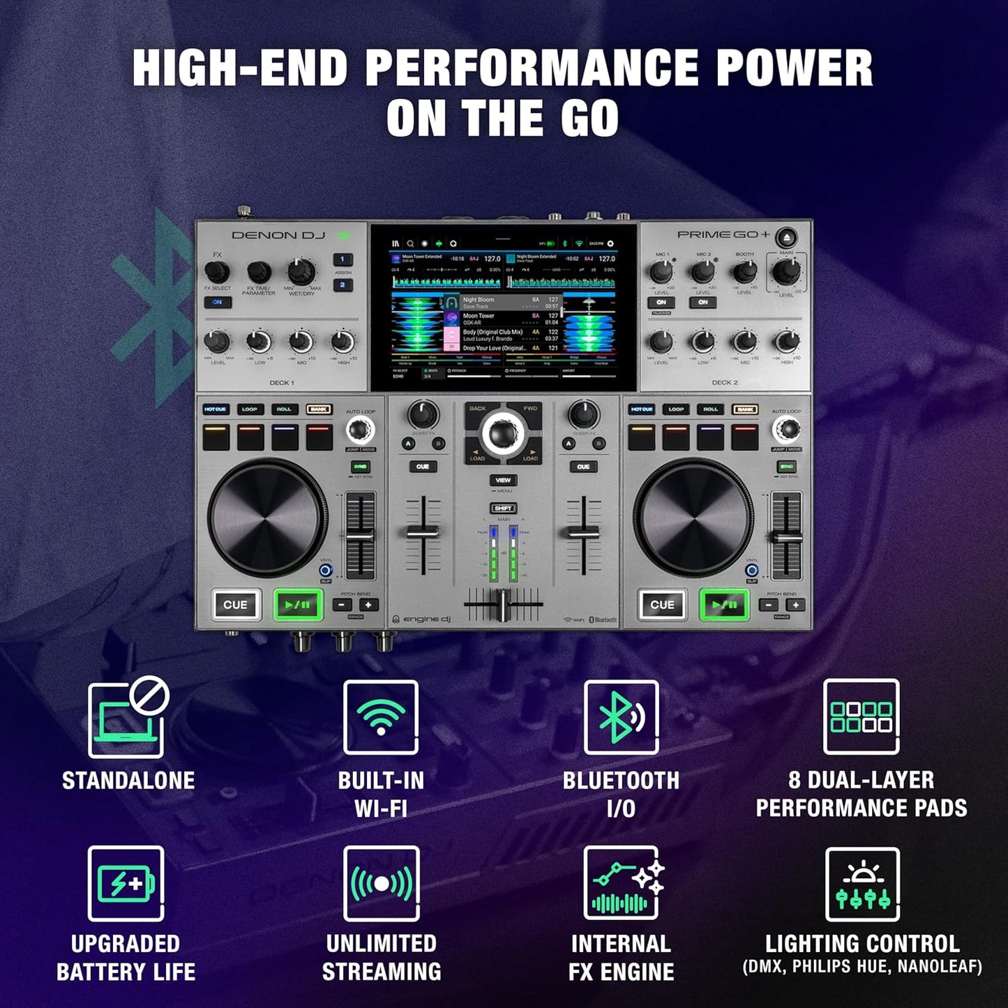Denon DJ PRIME GO+ Standalone Portable DJ Controller | 2-Deck Mixer with Stem Separation, Wi-Fi, Bluetooth, Lighting Control, 7" Screen, and Battery
