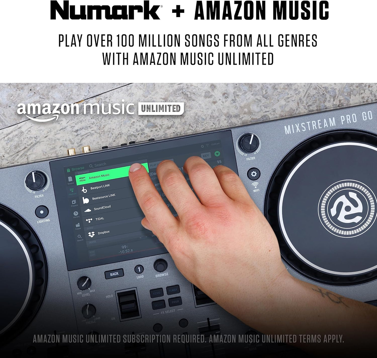 Numark Mixstream Pro Go Portable DJ Controller | Battery-Powered Standalone DJ Mixer with Stem Separation, Wi-Fi Streaming, Built-In Speakers, and 7" Touchscreen