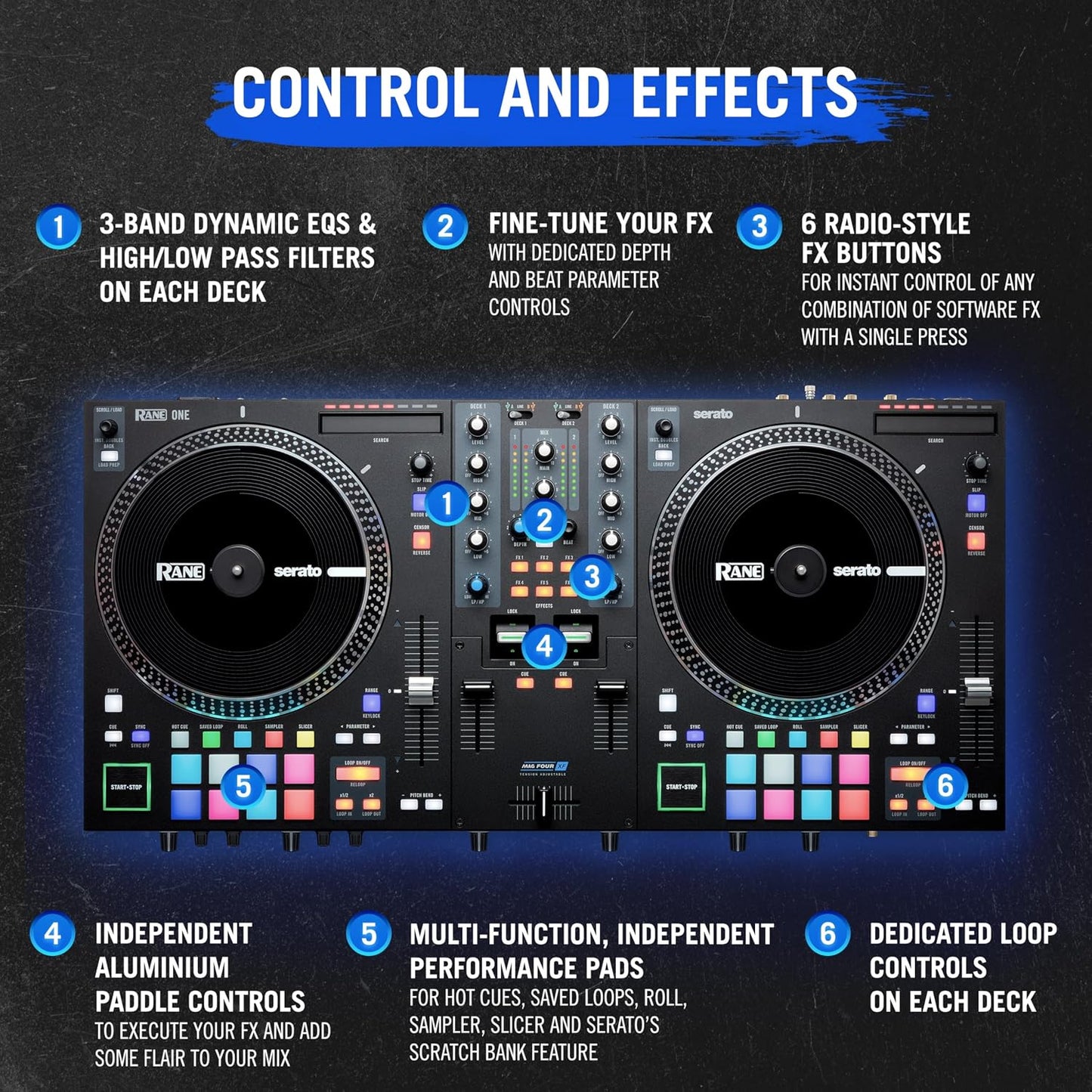 RANE SYSTEM ONE All-in-One Standalone Motorized DJ Controller with Engine DJ OS, Seamless Mixing on 2 Decks, Stems FX, Serato DJ Pro, XLR Outputs