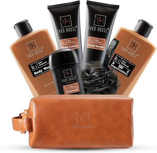 YARD HOUSE Luxury Mens Bath and Body Gift Set Basket For Him - Smoky Sandalwood - All Natural Skin Care Kit For Men w. Full Size Body Wash, Facial Scrub, Body Lotion, Deodorant in Leather Toiletry Bag