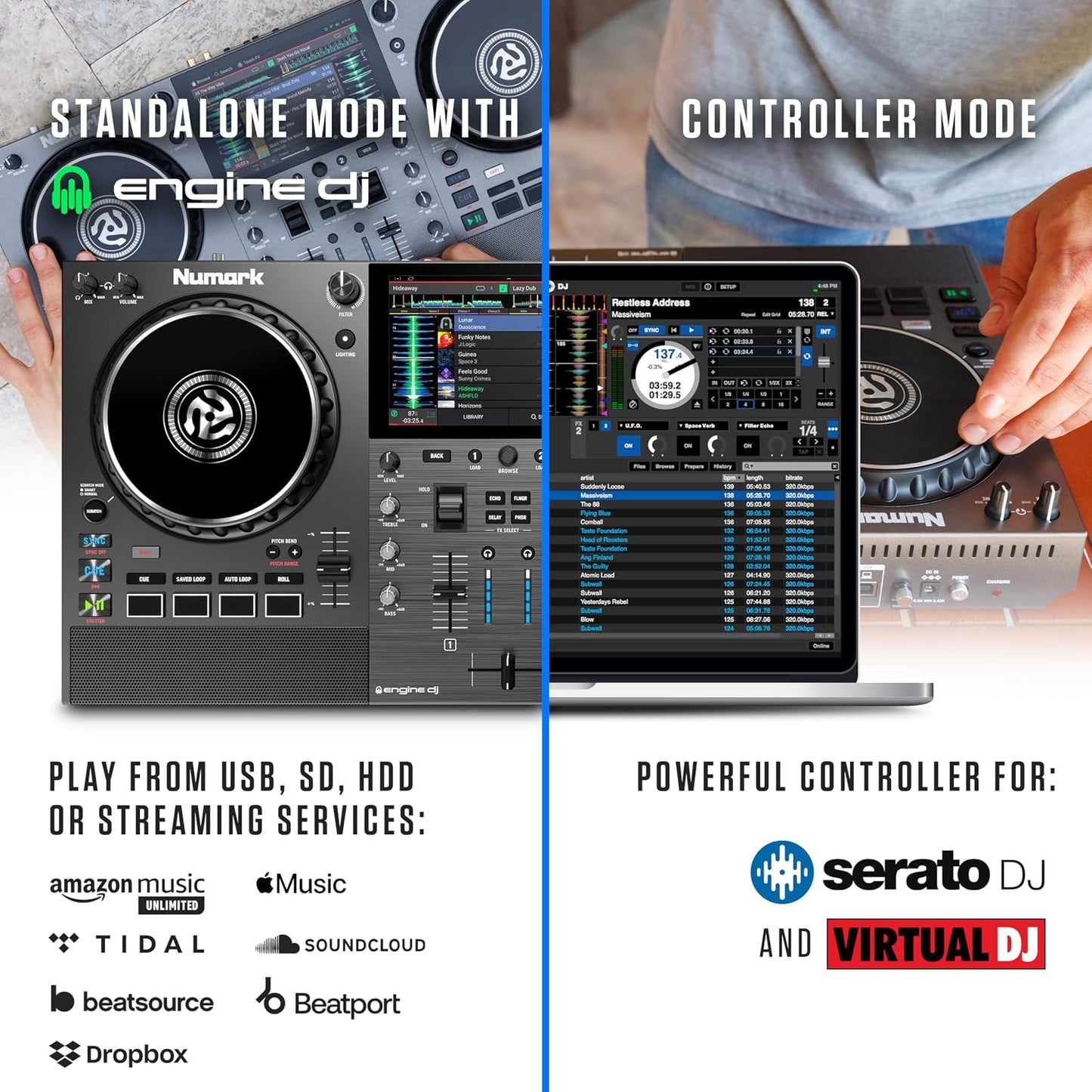 Numark Mixstream Pro Go Portable DJ Controller | Battery-Powered Standalone DJ Mixer with Stem Separation, Wi-Fi Streaming, Built-In Speakers, and 7" Touchscreen