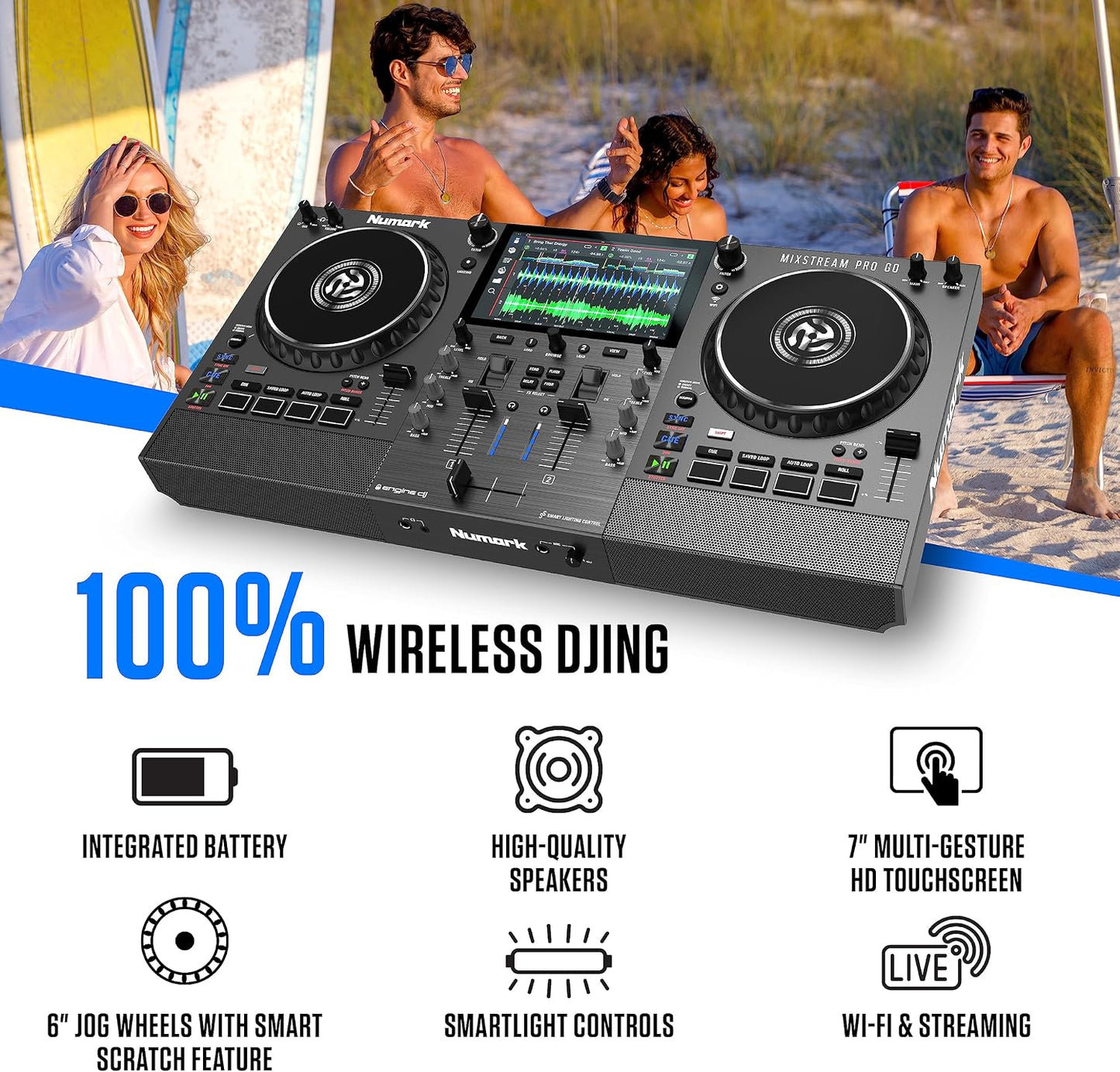 Numark Mixstream Pro Go Portable DJ Controller | Battery-Powered Standalone DJ Mixer with Stem Separation, Wi-Fi Streaming, Built-In Speakers, and 7" Touchscreen