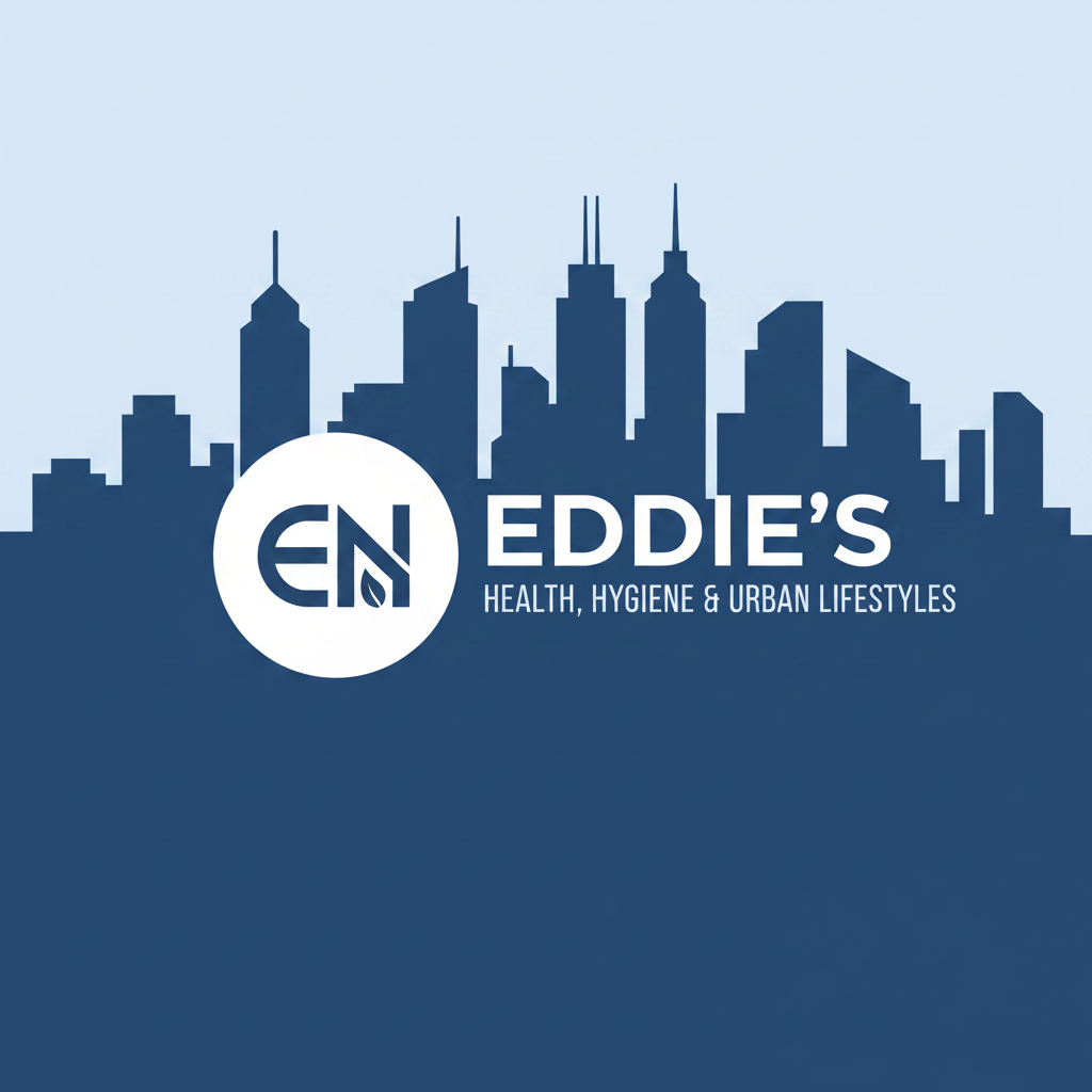 Eddie's Health, Hygiene and Urban Lifestyles Logo with City Background