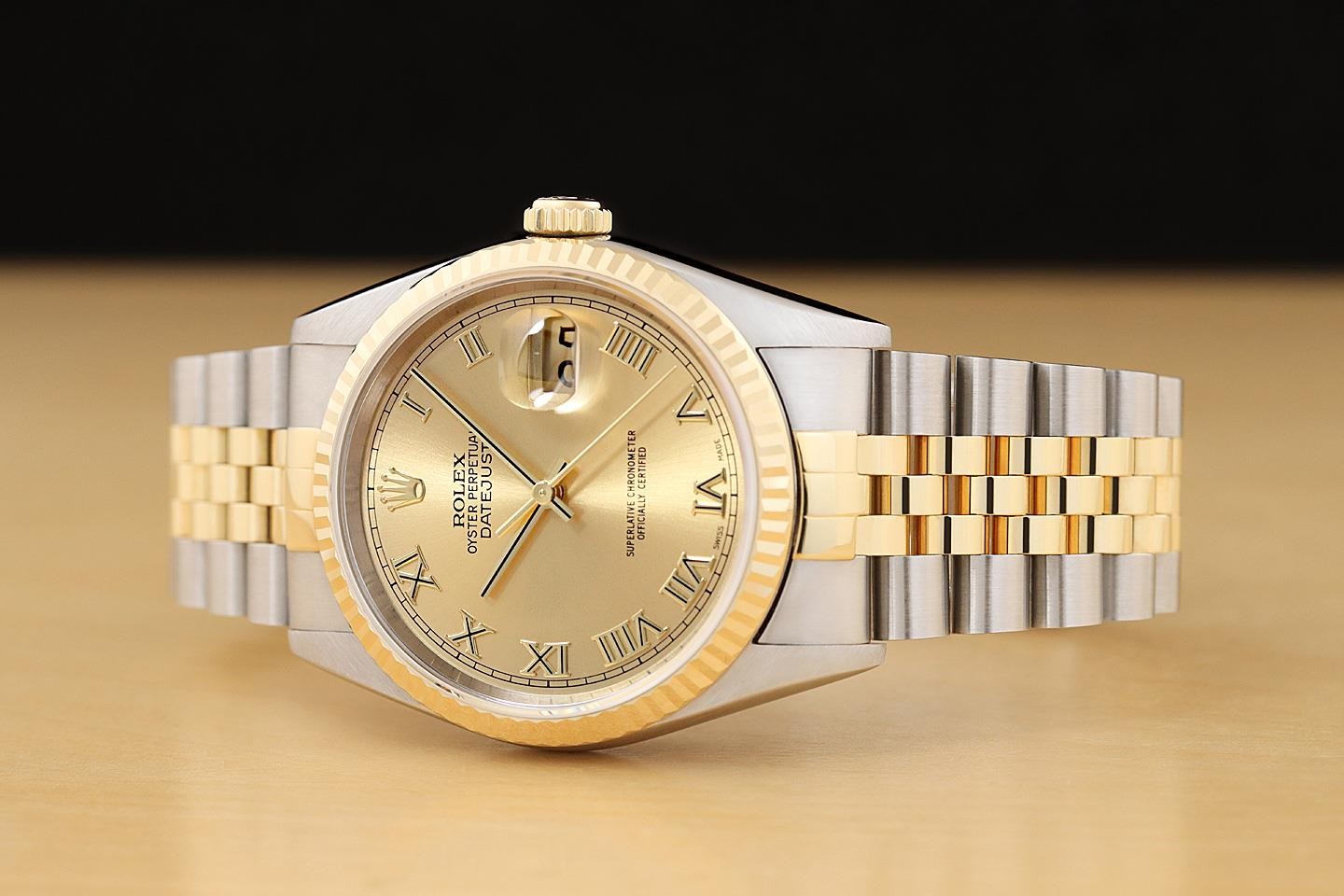 ROLEX MENS DATEJUST 16233 CHAMPAGNE ROMAN 18K GOLD STEEL NO HOLES TWO TONE WATCH
