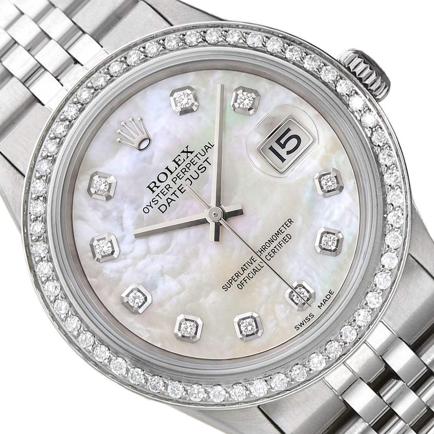 Rolex Datejust 1603 36mm White MOP Dial 18K Gold Diamond Bezel Jubilee Watch