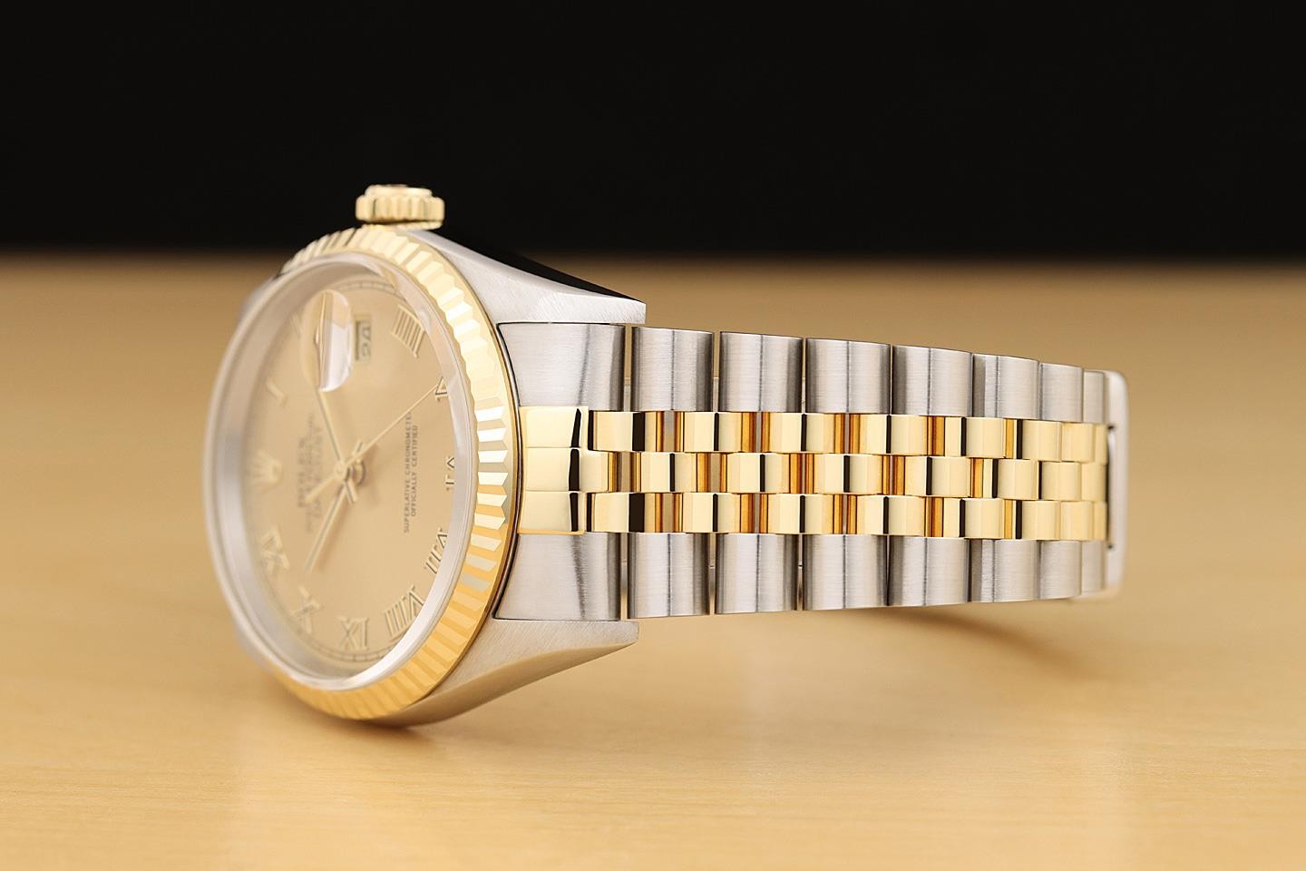ROLEX MENS DATEJUST 16233 CHAMPAGNE ROMAN 18K GOLD STEEL NO HOLES TWO TONE WATCH