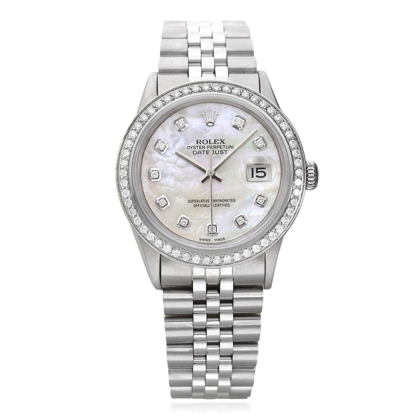 Rolex Datejust 1603 36mm White MOP Dial 18K Gold Diamond Bezel Jubilee Watch