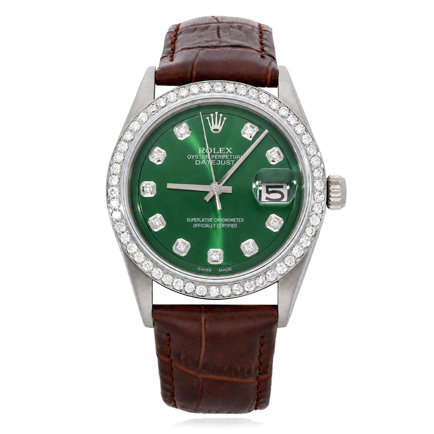 36mm Rolex Datejust 1603 18K Gold Diamond Bezel Green Dial Brown Leather Watch