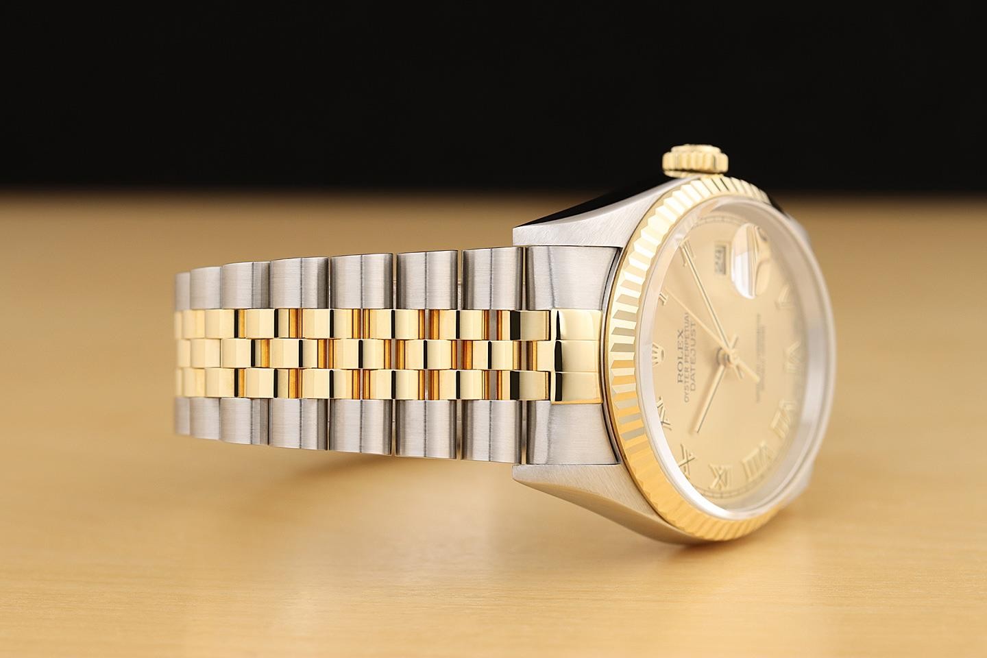 ROLEX MENS DATEJUST 16233 CHAMPAGNE ROMAN 18K GOLD STEEL NO HOLES TWO TONE WATCH