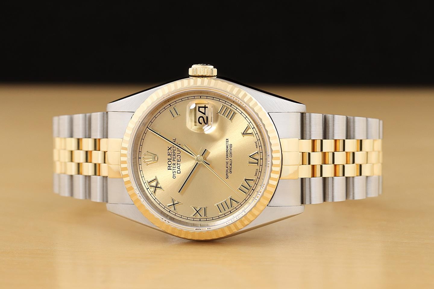 ROLEX MENS DATEJUST 16233 CHAMPAGNE ROMAN 18K GOLD STEEL NO HOLES TWO TONE WATCH