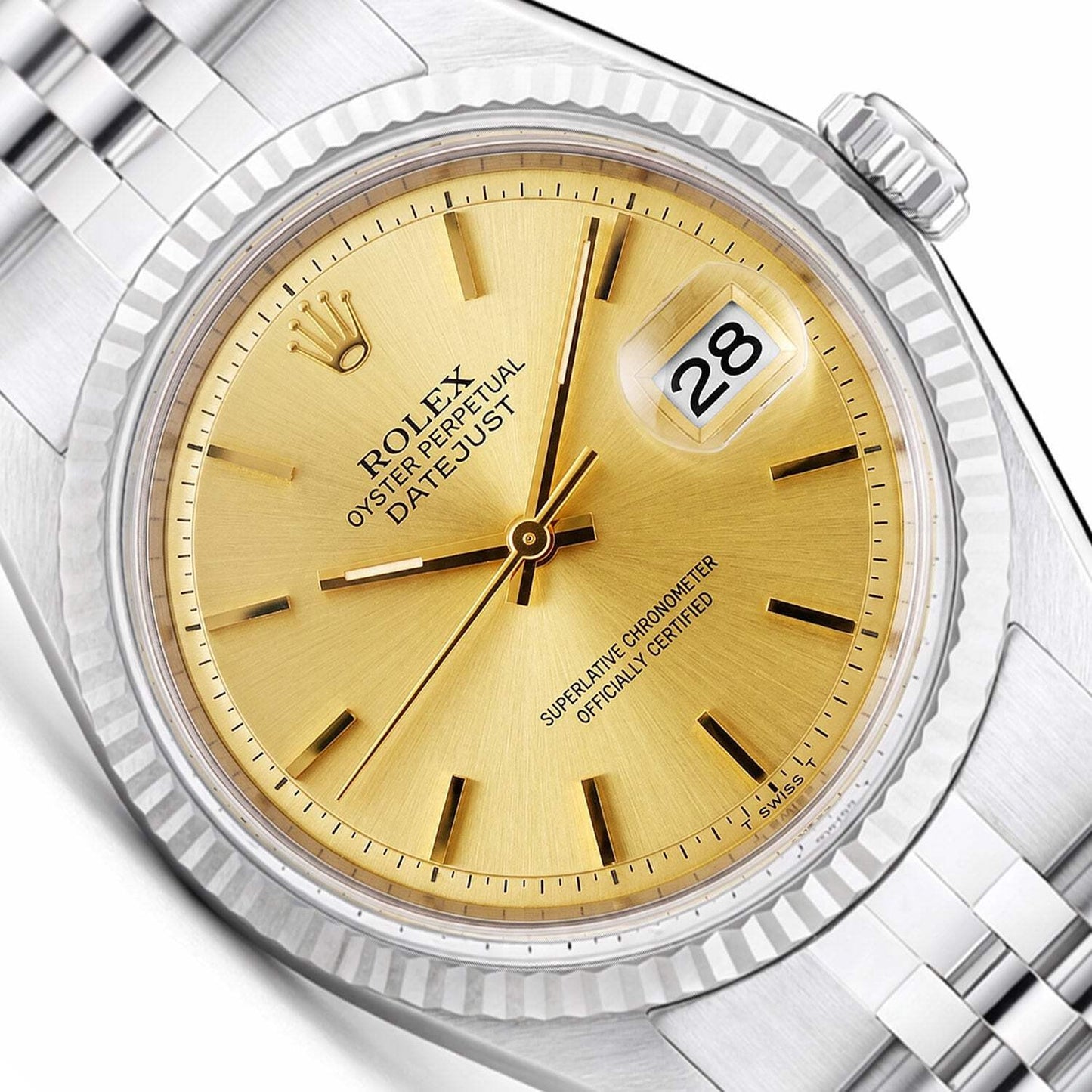 Rolex Datejust 1601 36mm 18K White Gold Bezel Gold Dial Jubilee Steel Men Watch