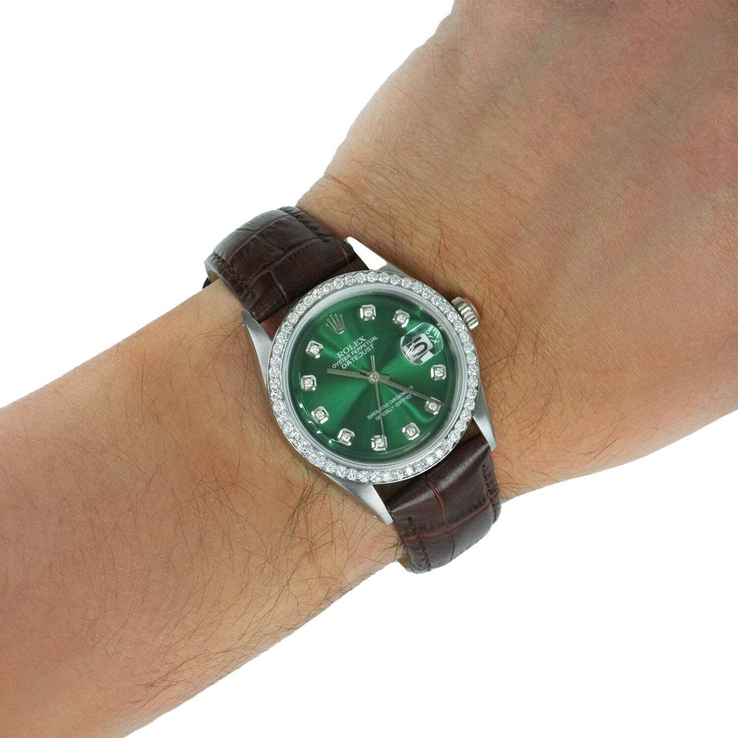 36mm Rolex Datejust 1603 18K Gold Diamond Bezel Green Dial Brown Leather Watch