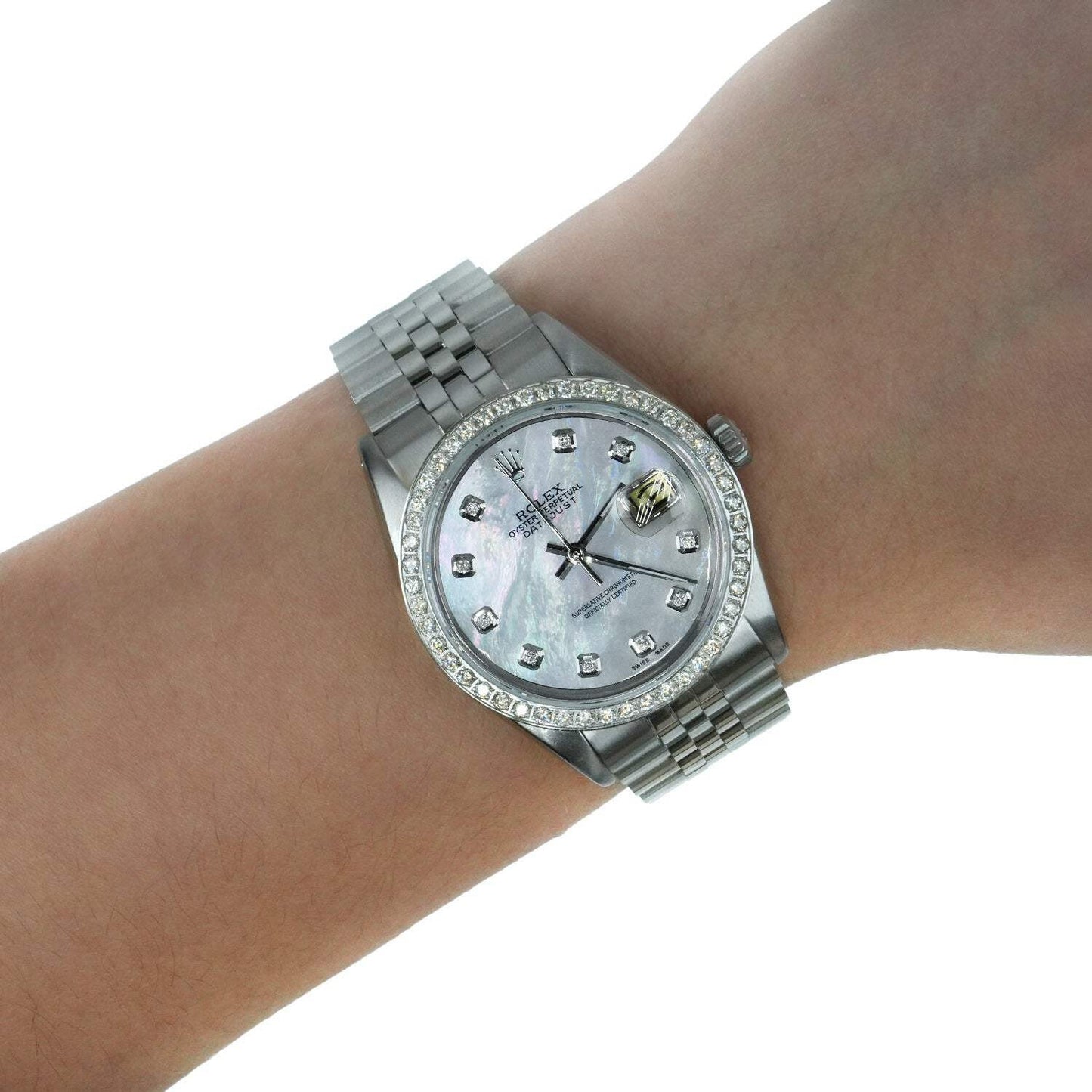 Rolex Datejust 1603 36mm White MOP Dial 18K Gold Diamond Bezel Jubilee Watch