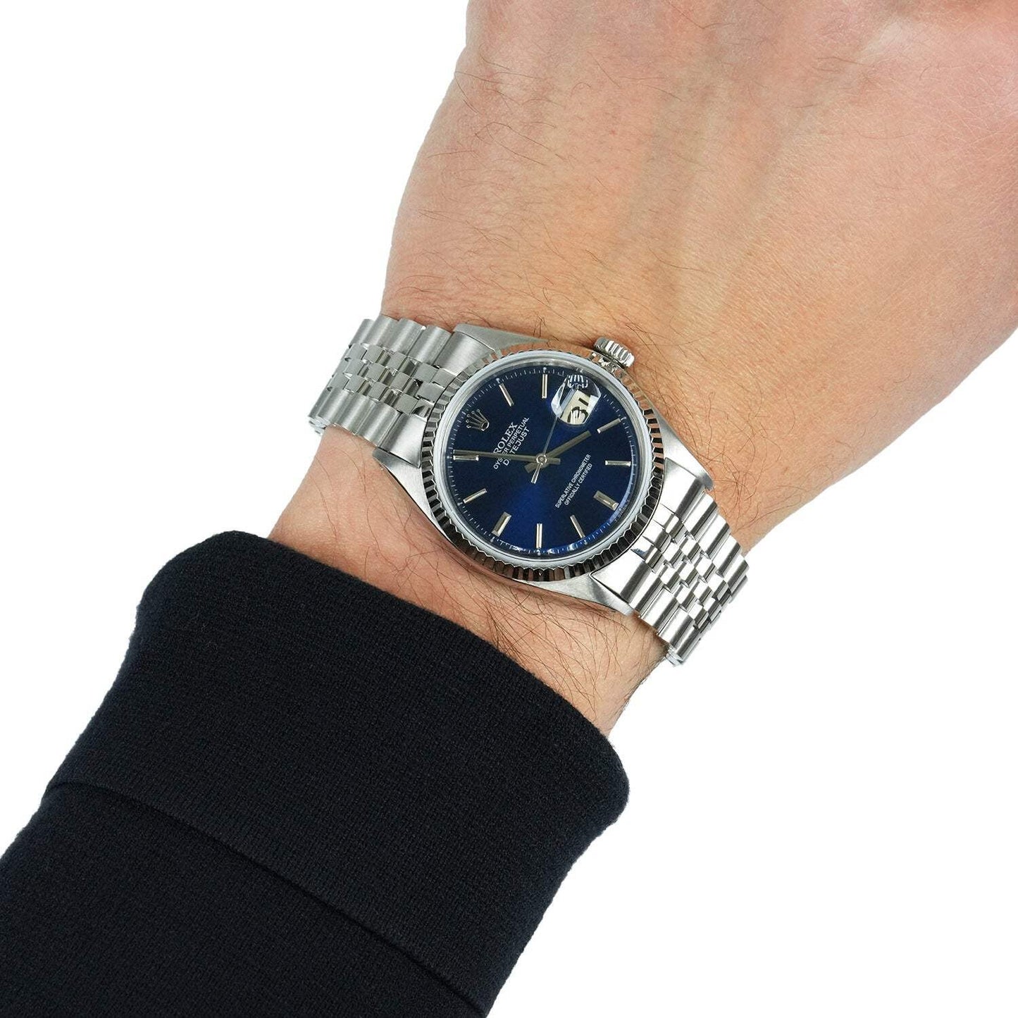 Rolex Datejust 36mm 1601 18K White Gold Bezel Dark Blue Dial Jubilee Men's Watch